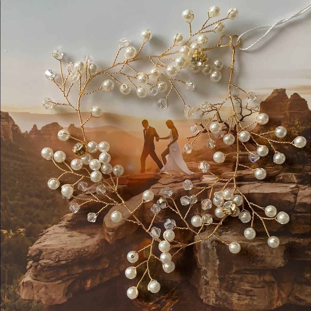 Wedding Gold Hair Wreath Vine with Pearls Crystals